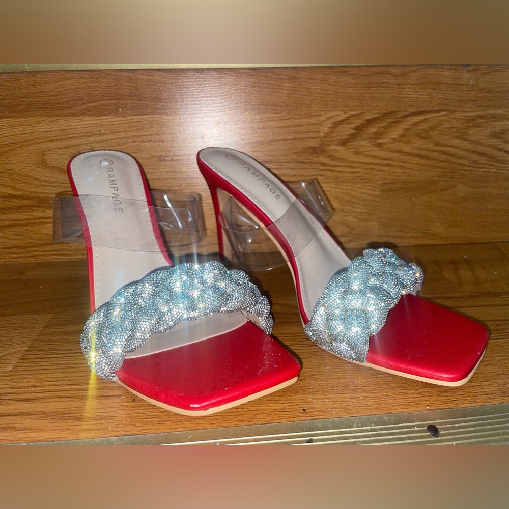RAMPAGE HIGH HEEL MULE SLIDES CLEAR VINYL RHINESTONE STILETTO SANDALS SIZE 10M